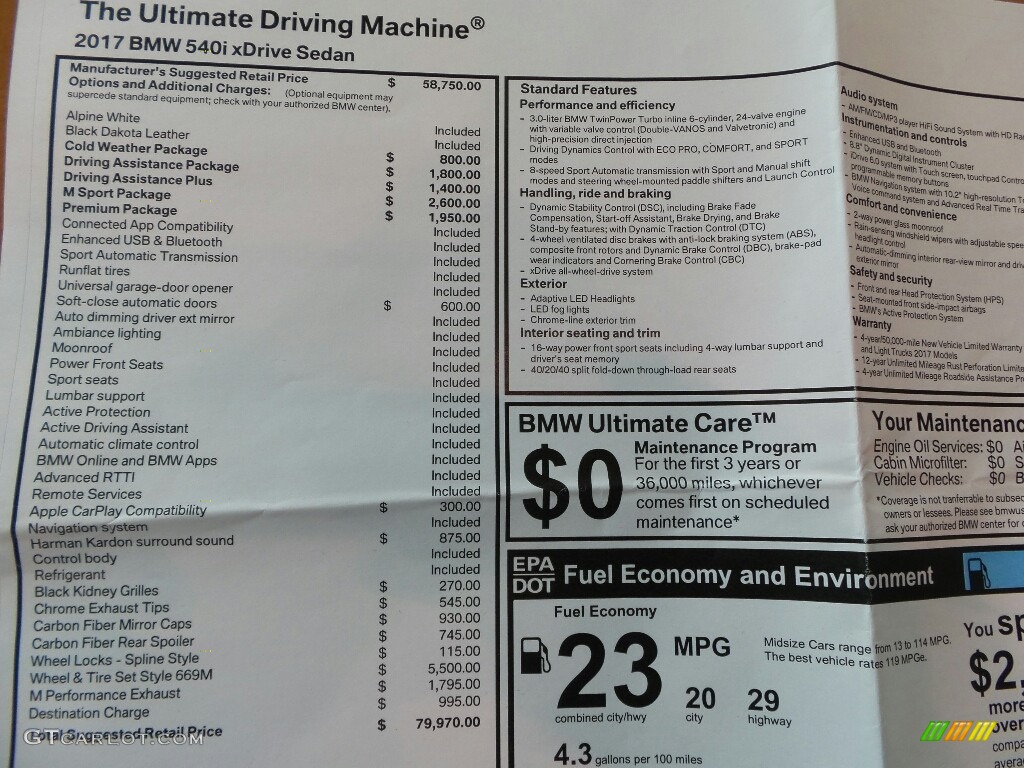 2017 5 Series 540i xDrive Sedan - Alpine White / Black photo #6