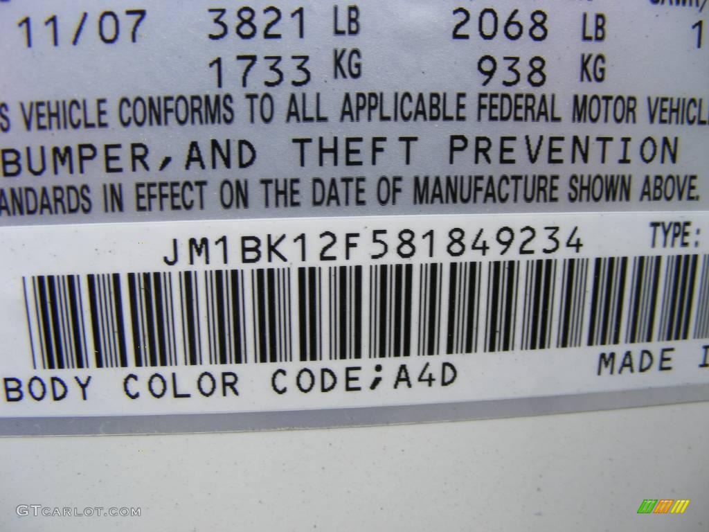 2008 MAZDA3 Color Code A4D for Rally White Photo #12254437