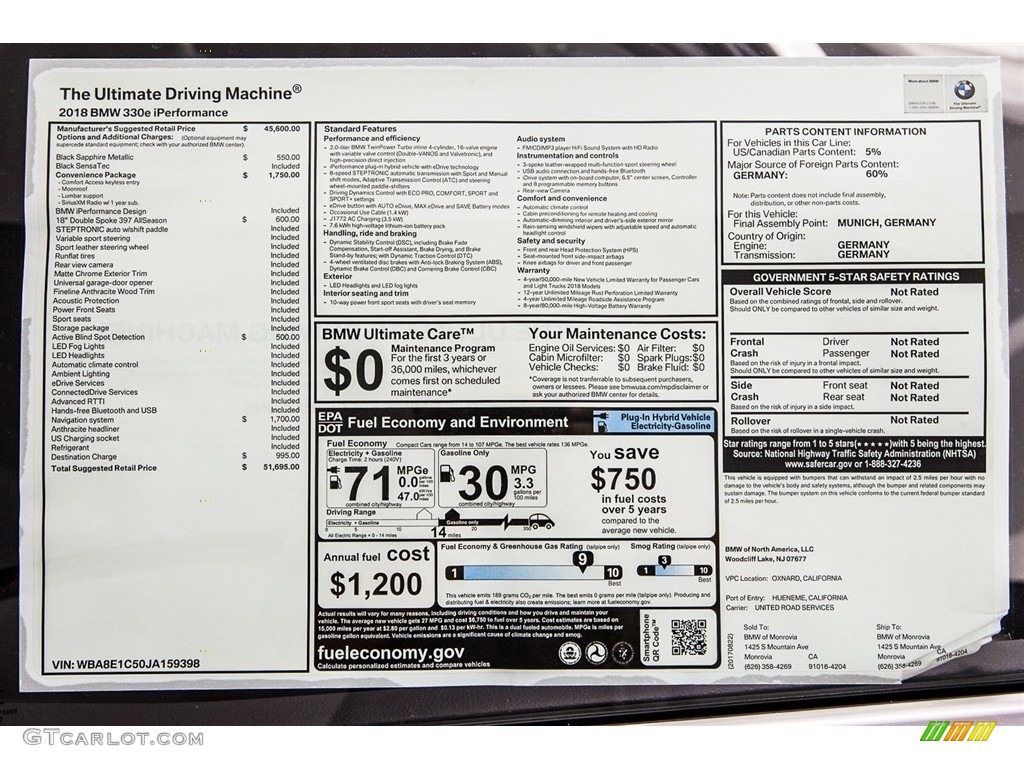 2018 3 Series 330e iPerformance Sedan - Black Sapphire Metallic / Black photo #10