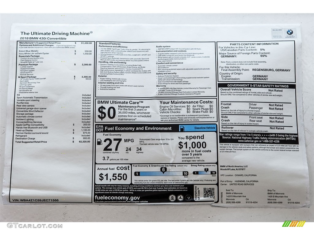 2018 BMW 4 Series 430i Convertible Window Sticker Photo #122567603