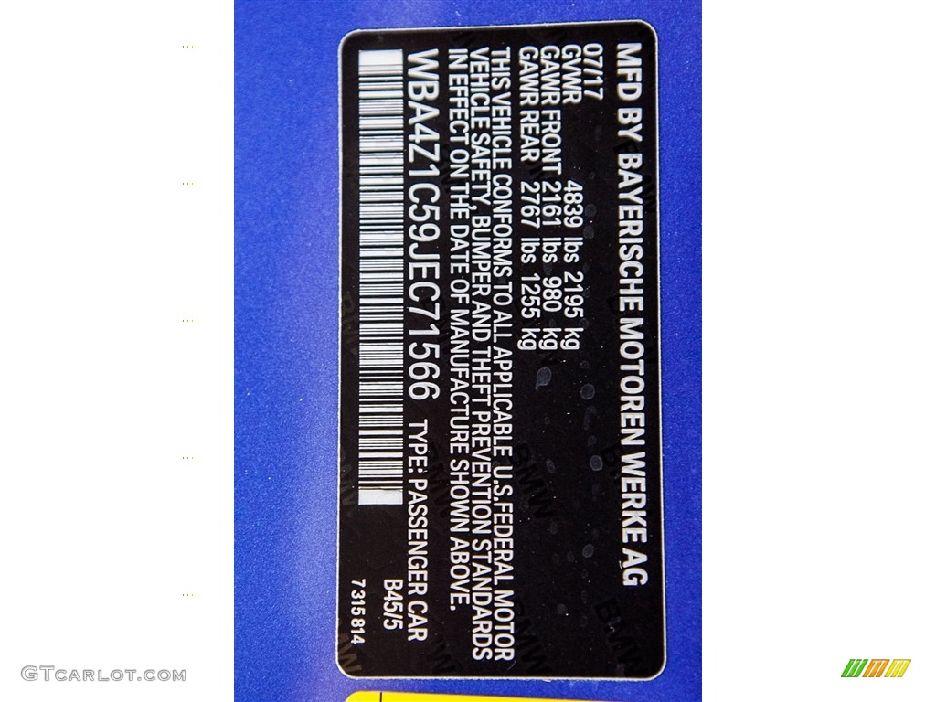 2018 4 Series Color Code B45 for Estoril Blue Metallic Photo #122567625