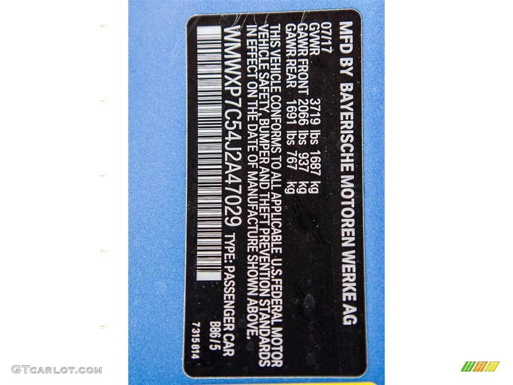 2018 Hardtop Color Code B86 for Electric Blue Metallic Photo #122568879