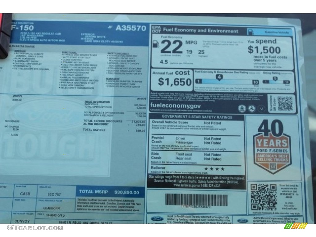 2018 Ford F150 XL Regular Cab Window Sticker Photo #122584528