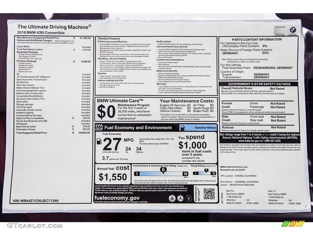 2018 BMW 4 Series 430i Convertible Window Sticker Photo #122632549