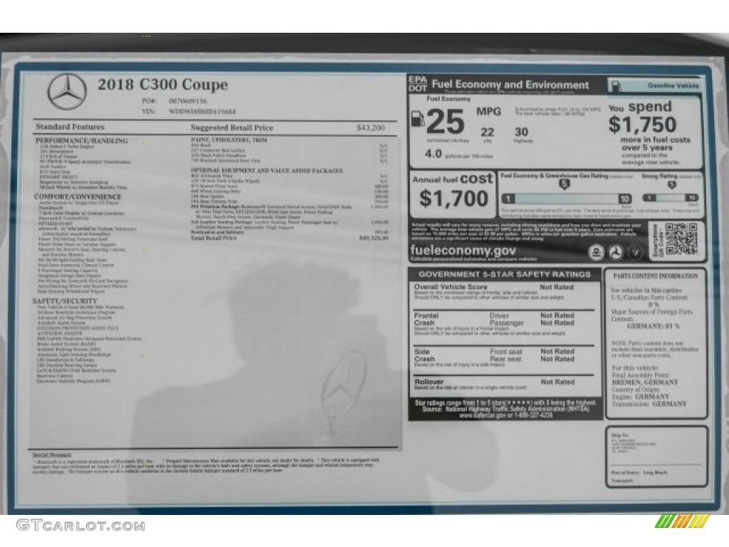 2018 Mercedes-Benz C 300 Coupe Window Sticker Photo #122656208