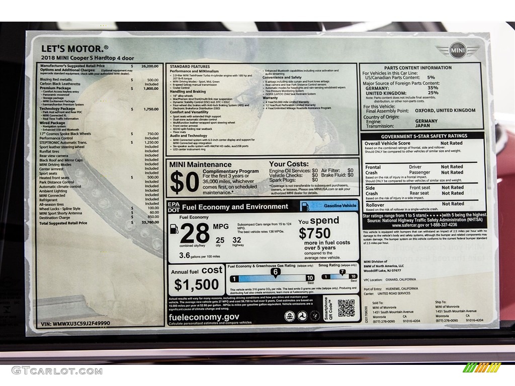 2018 Mini Hardtop Cooper S 4 Door Window Sticker Photo #122657468