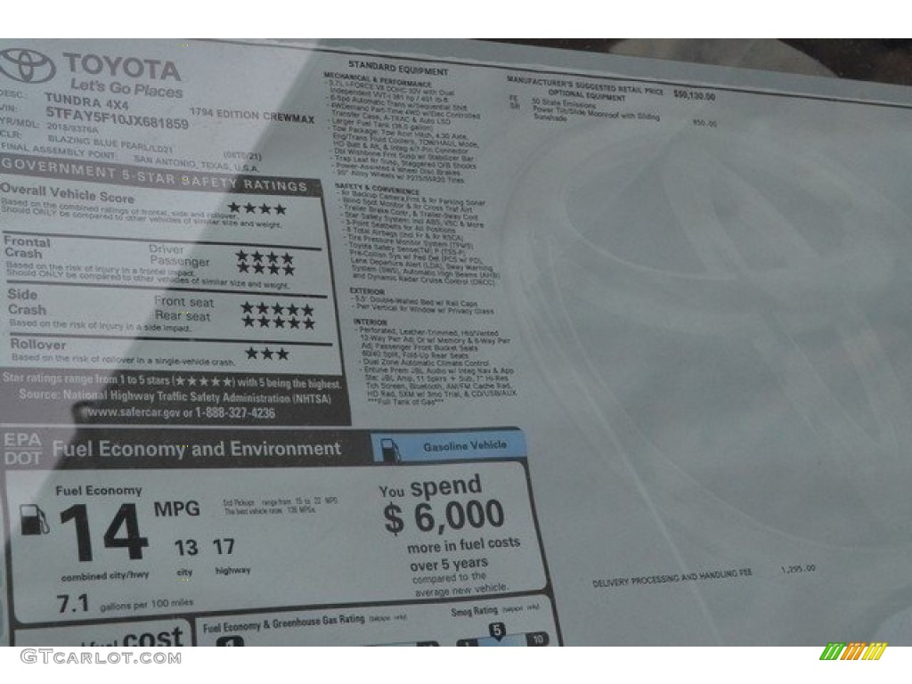 2018 Toyota Tundra 1794 Edition CrewMax 4x4 Window Sticker Photo #122662055