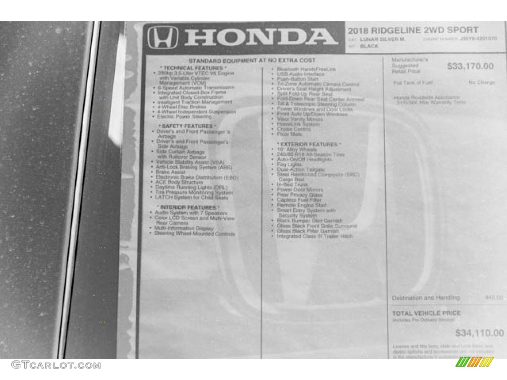 2018 Honda Ridgeline Sport Window Sticker Photos