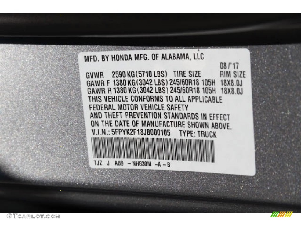 2018 Ridgeline Color Code NH830M for Lunar Silver Metallic Photo #122674605