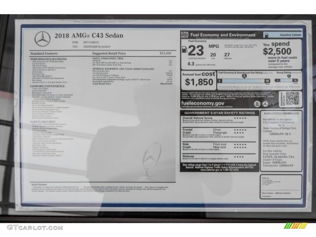 2018 Mercedes-Benz C 43 AMG 4Matic Sedan Window Sticker Photo #122681858