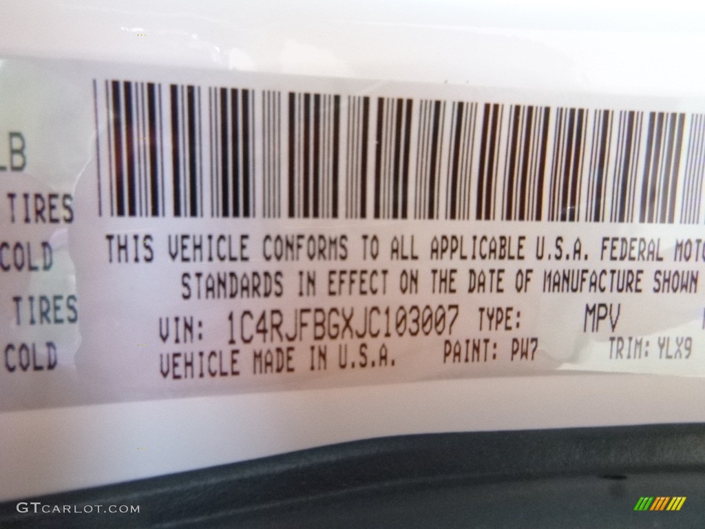 2018 Grand Cherokee Color Code PW7 for Bright White Photo #122701173