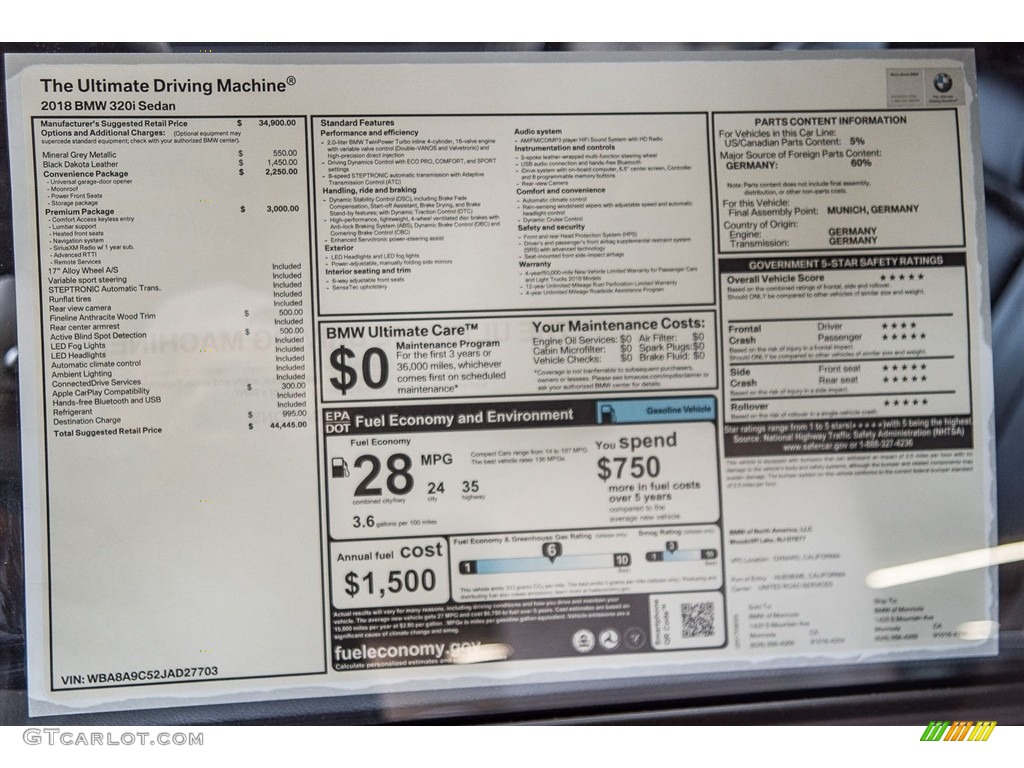 2018 BMW 3 Series 320i Sedan Window Sticker Photo #122714240