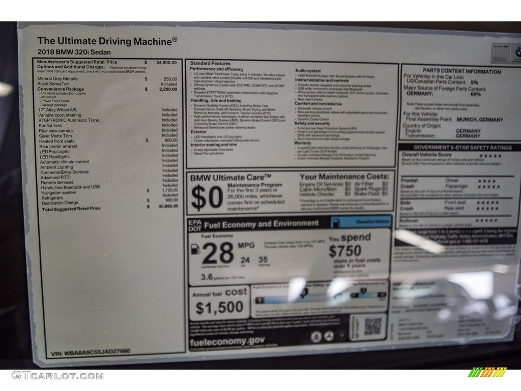 2018 BMW 3 Series 320i Sedan Window Sticker Photo #122714588