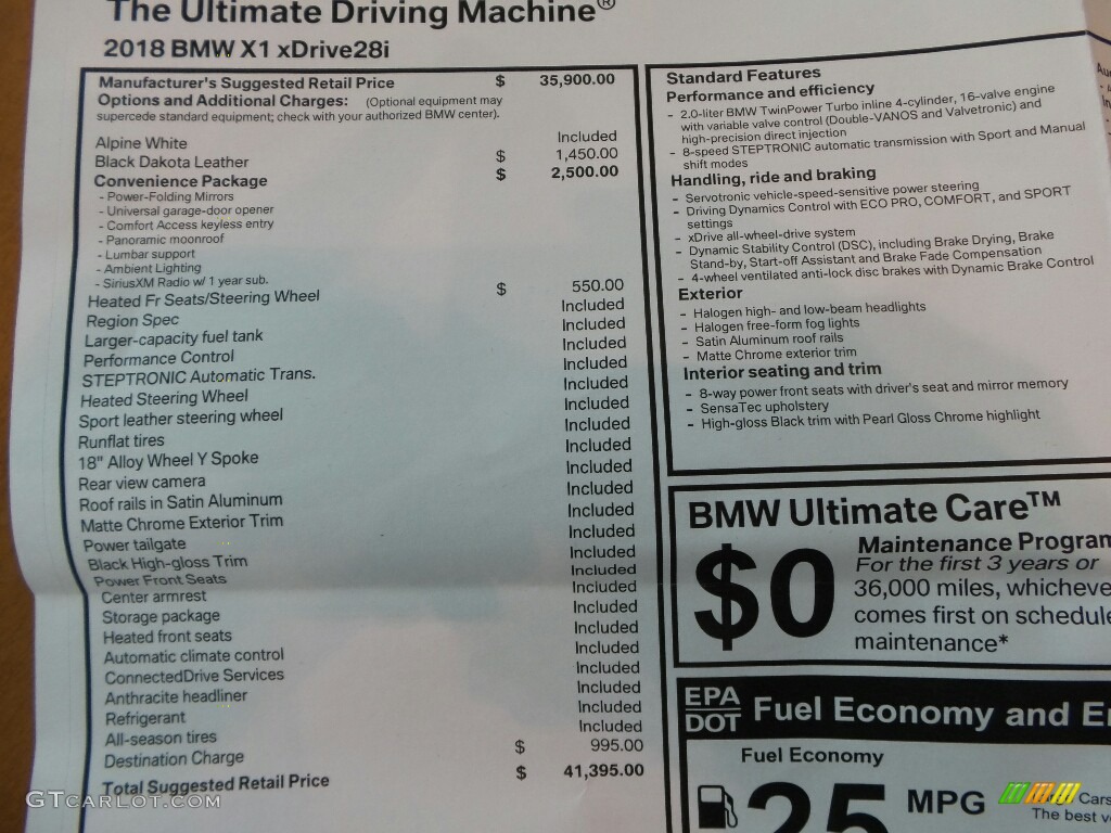 2018 BMW X1 xDrive28i Window Sticker Photos