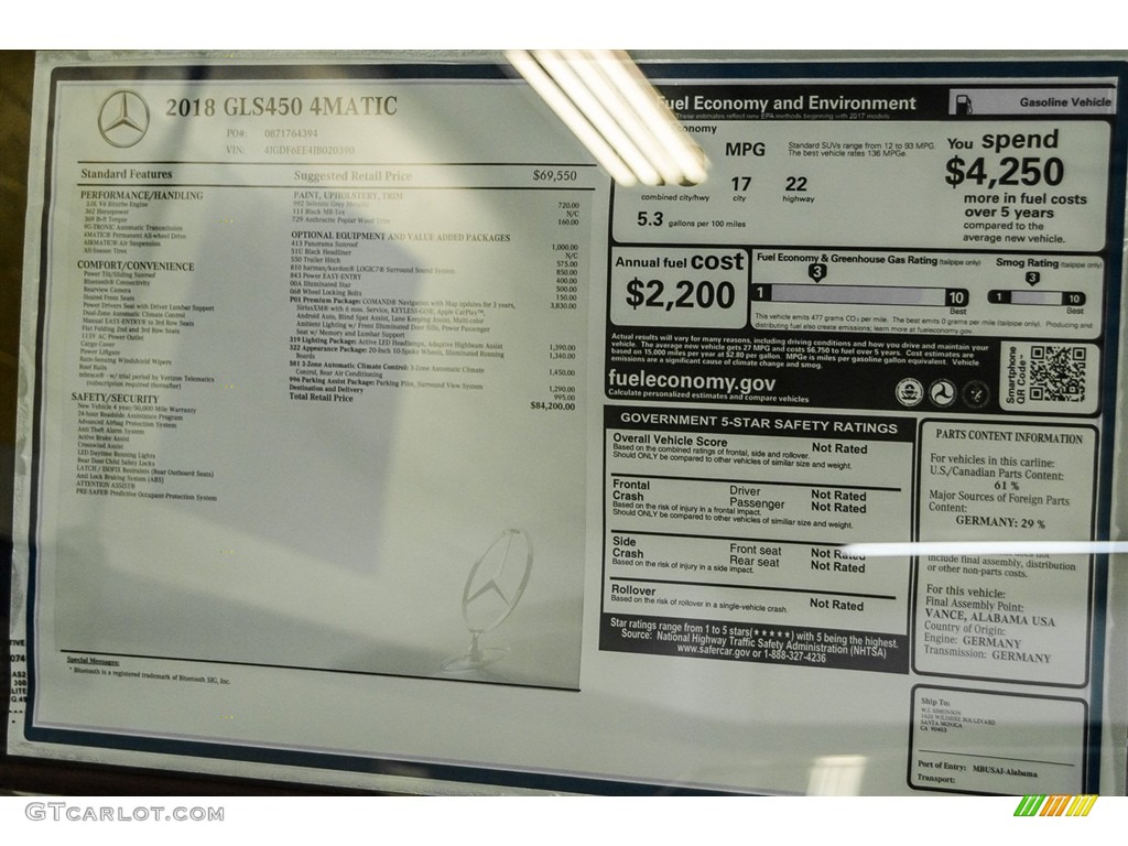 2018 Mercedes-Benz GLS 450 4Matic Window Sticker Photo #122752370
