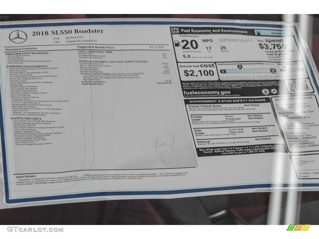 2018 Mercedes-Benz SL 550 Roadster Window Sticker Photo #122772944