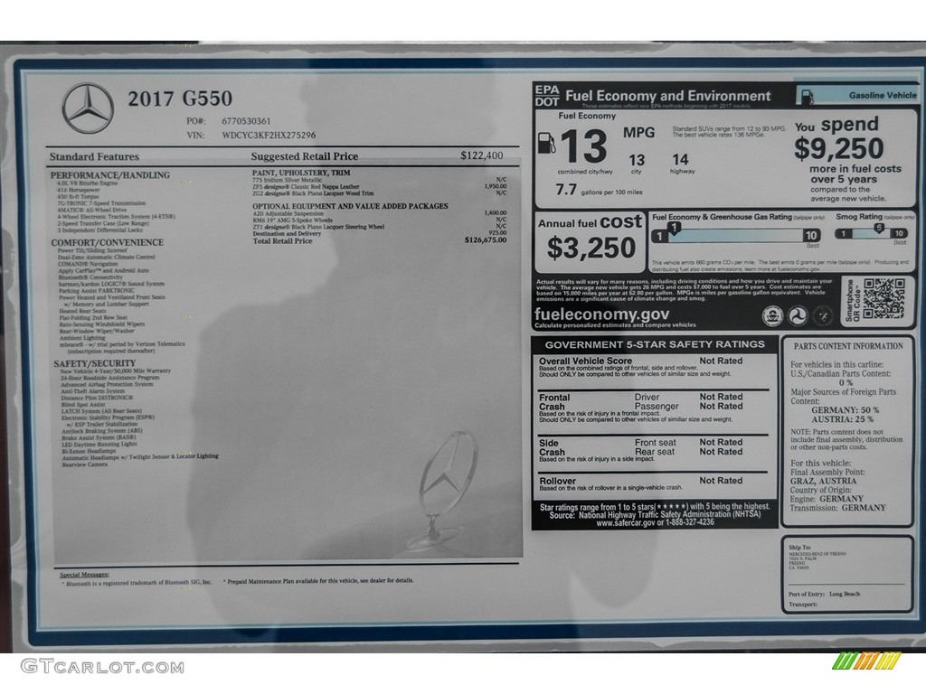 2017 Mercedes-Benz G 550 Window Sticker Photo #122775623