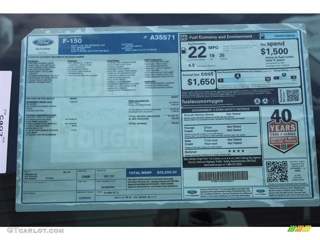 2018 Ford F150 XL Regular Cab Window Sticker Photos