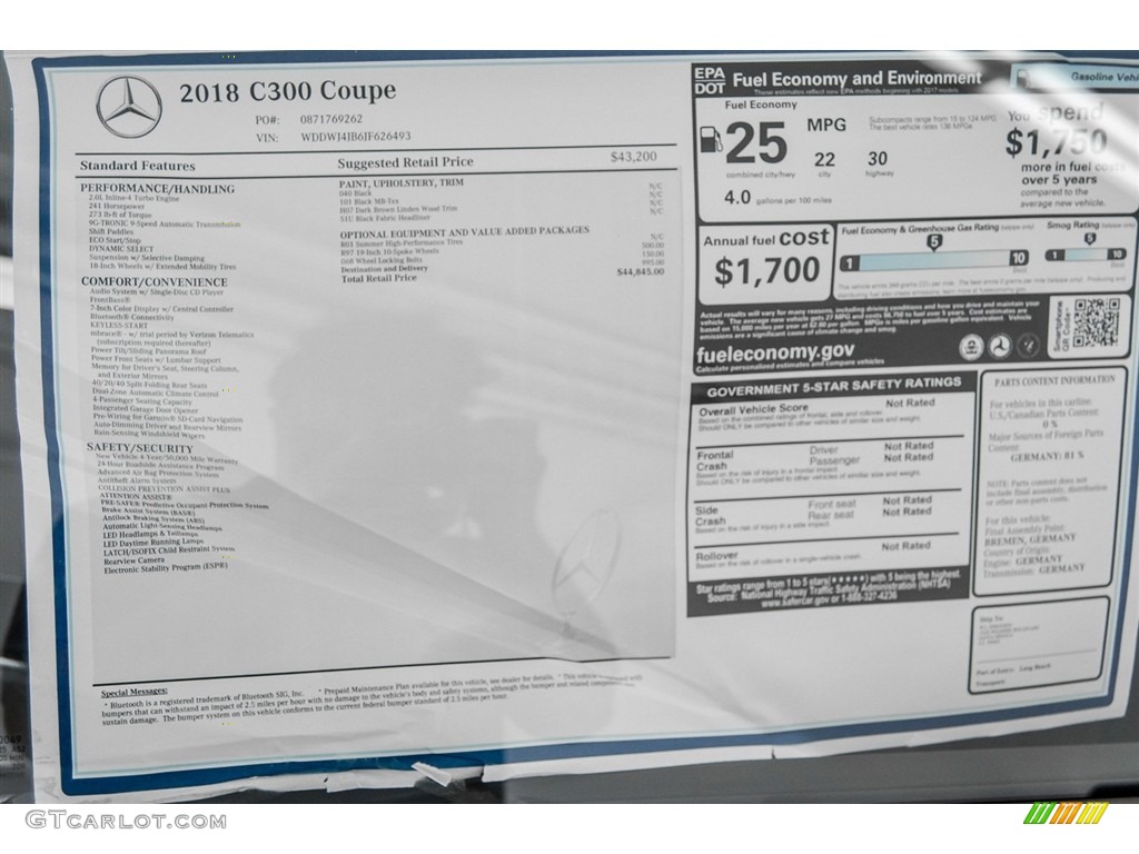 2018 Mercedes-Benz C 300 Coupe Window Sticker Photo #122797217