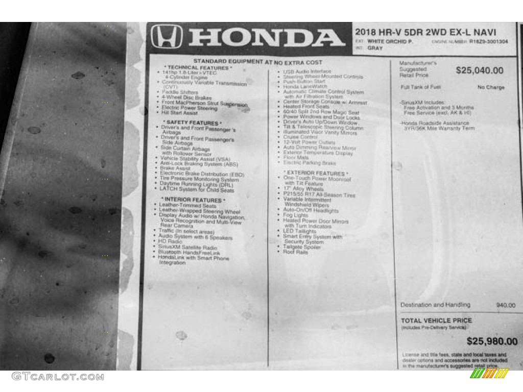 2018 Honda HR-V EX-L Window Sticker Photo #122806424