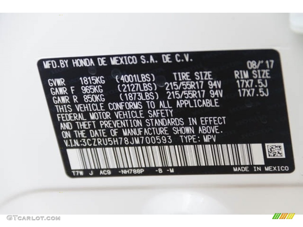 2018 HR-V Color Code NH788P for White Orchid Pearl Photo #122806451