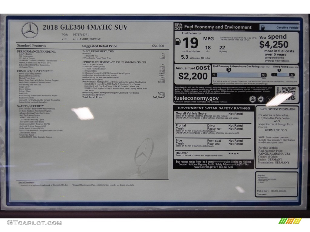 2018 Mercedes-Benz GLE 350 4Matic Window Sticker Photo #122842474