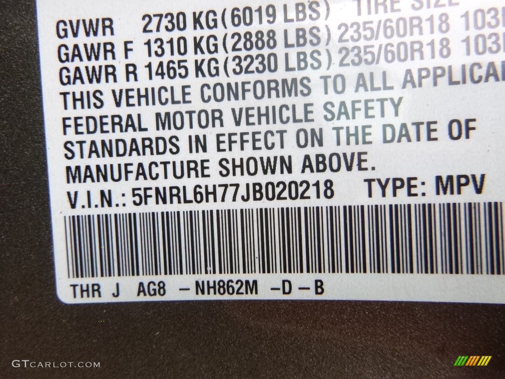 2018 Odyssey Color Code NH862M for Pacific Pewter Metallic Photo #122848860