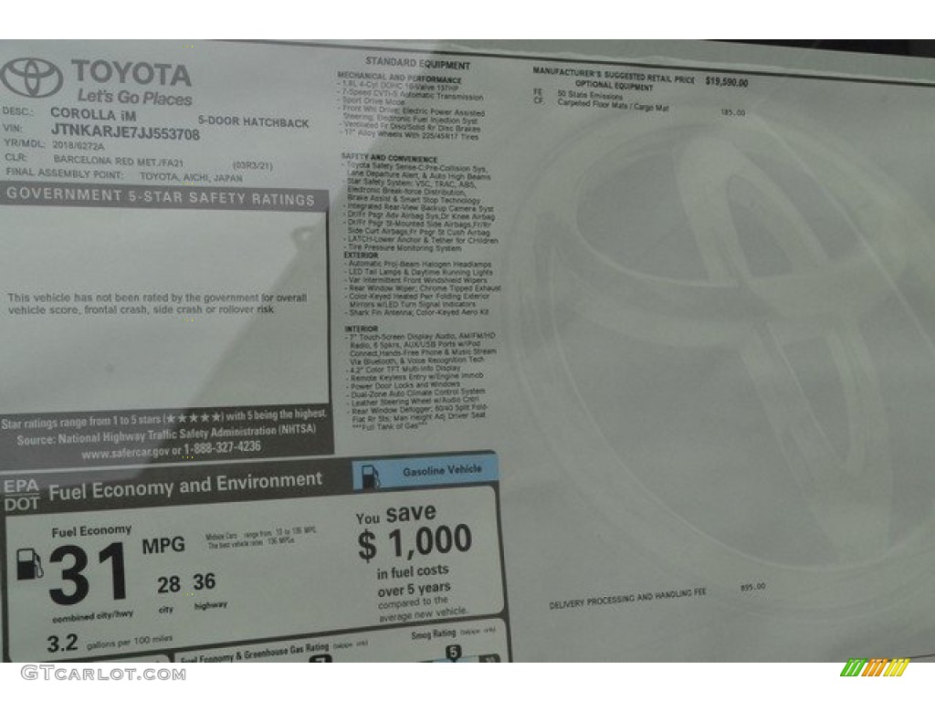 2018 Toyota Corolla iM Standard Corolla iM Model Window Sticker Photo #122856000