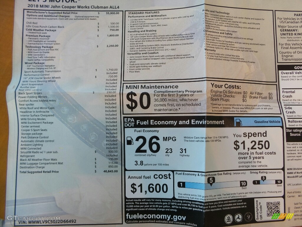 2018 Mini Clubman John Cooperworks ALL4 Window Sticker Photos