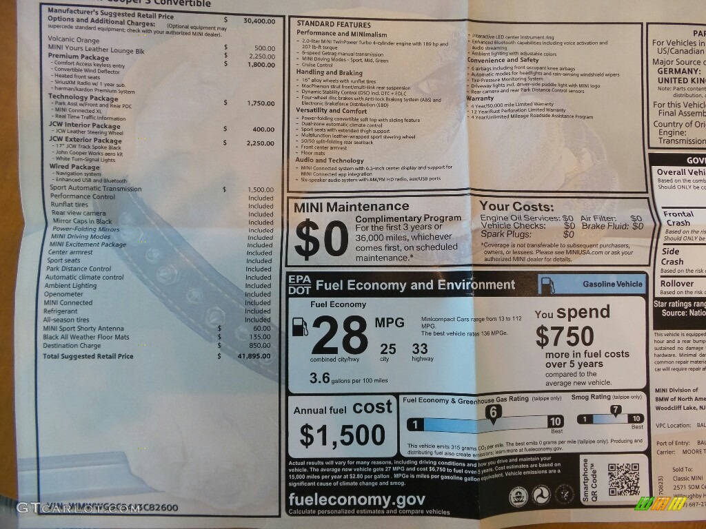 2018 Mini Convertible Cooper S Window Sticker Photo #122891511