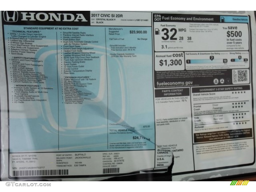 2017 Honda Civic Si Coupe Window Sticker Photo #122908935