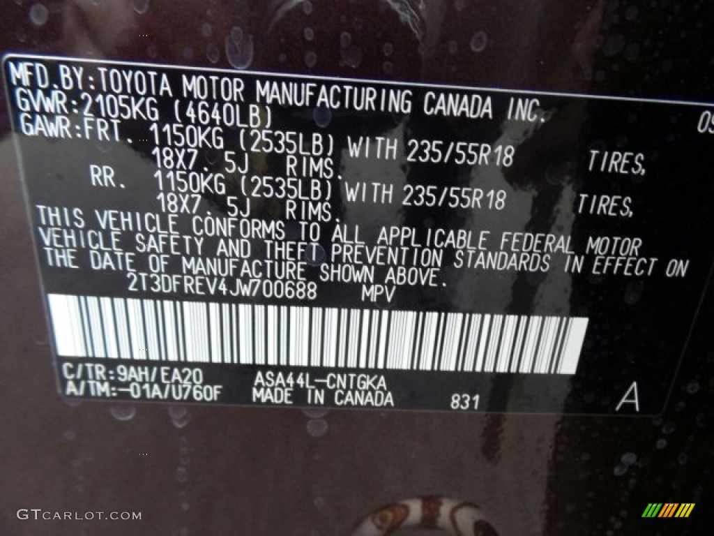 2018 RAV4 Color Code 9AH for Black Current Metallic Photo #122952877
