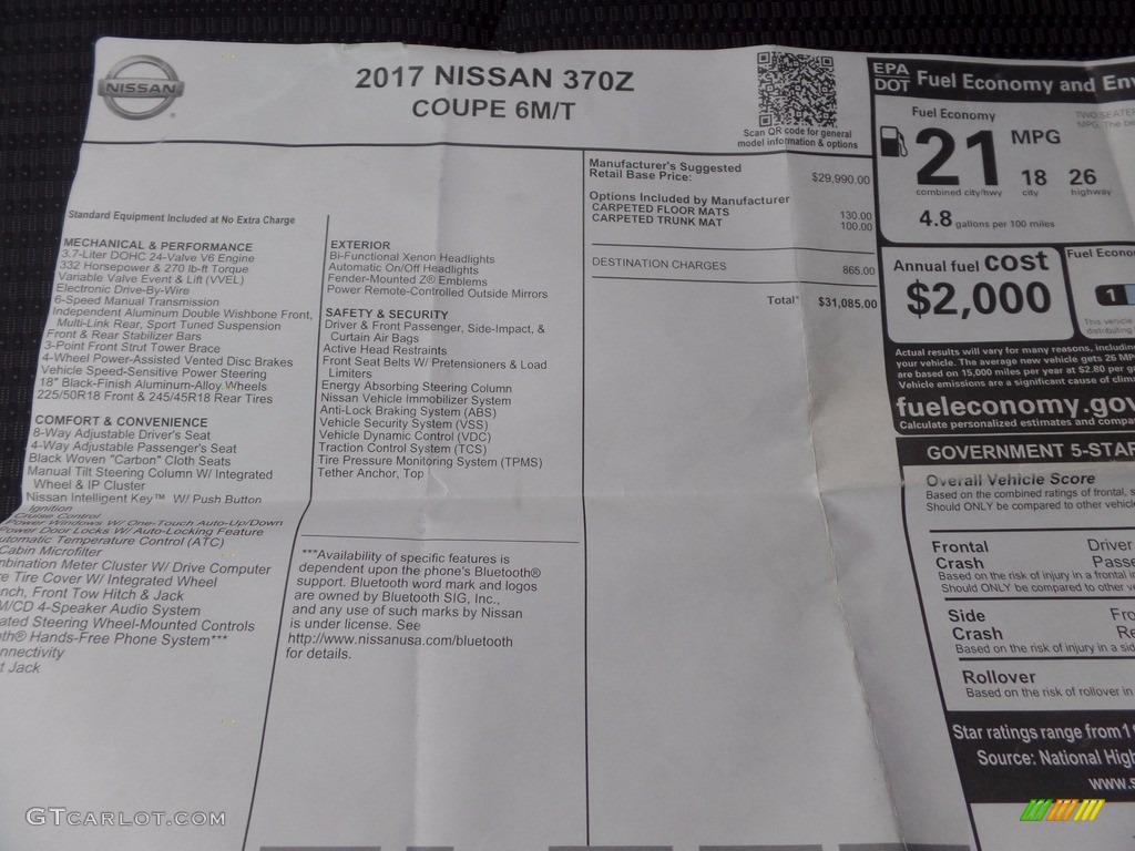2017 Nissan 370Z NISMO Coupe Window Sticker Photo #122964714