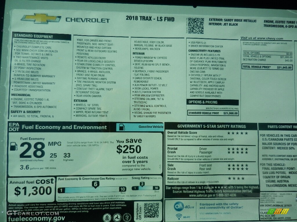 2018 Chevrolet Trax LS Window Sticker Photos