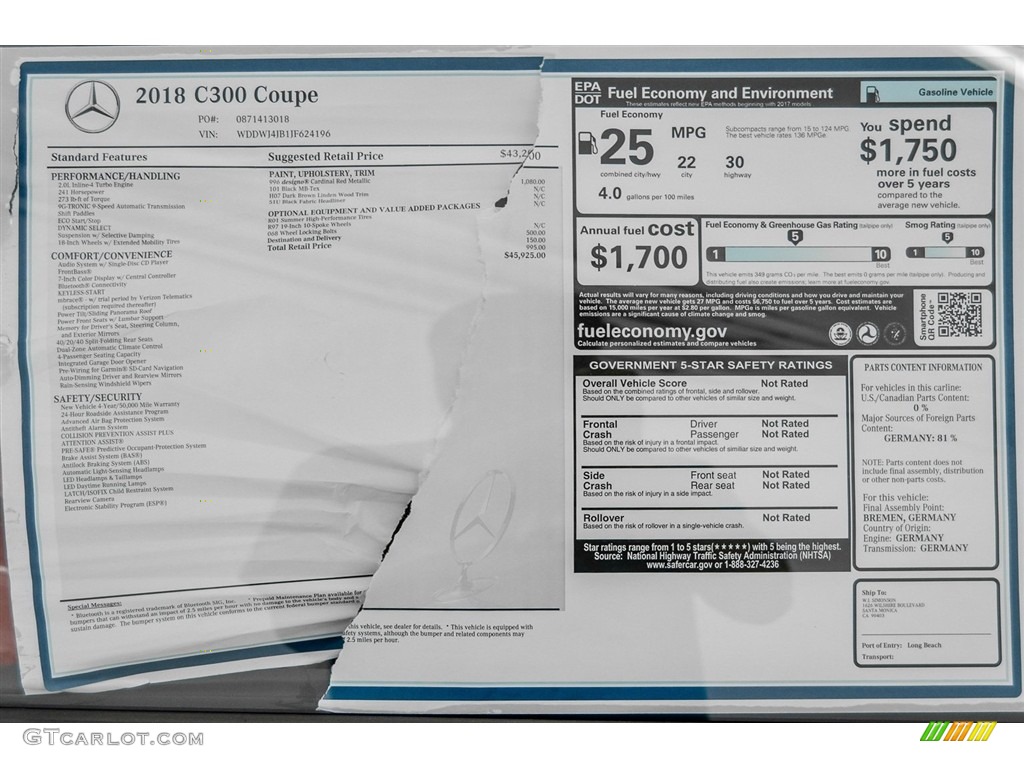 2018 Mercedes-Benz C 300 Coupe Window Sticker Photo #123005193