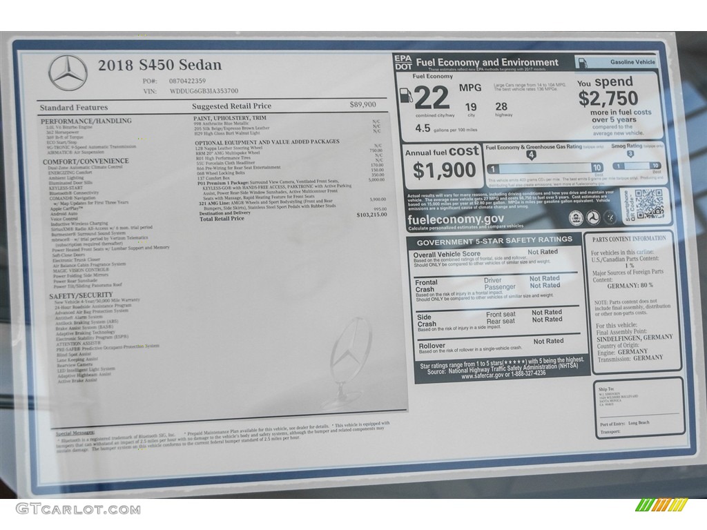 2018 Mercedes-Benz S 450 Sedan Window Sticker Photo #123006396