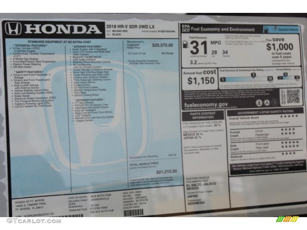 2018 Honda HR-V LX Window Sticker Photo #123023709