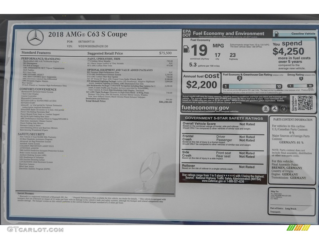 2018 Mercedes-Benz C 63 S AMG Coupe Window Sticker Photo #123055843