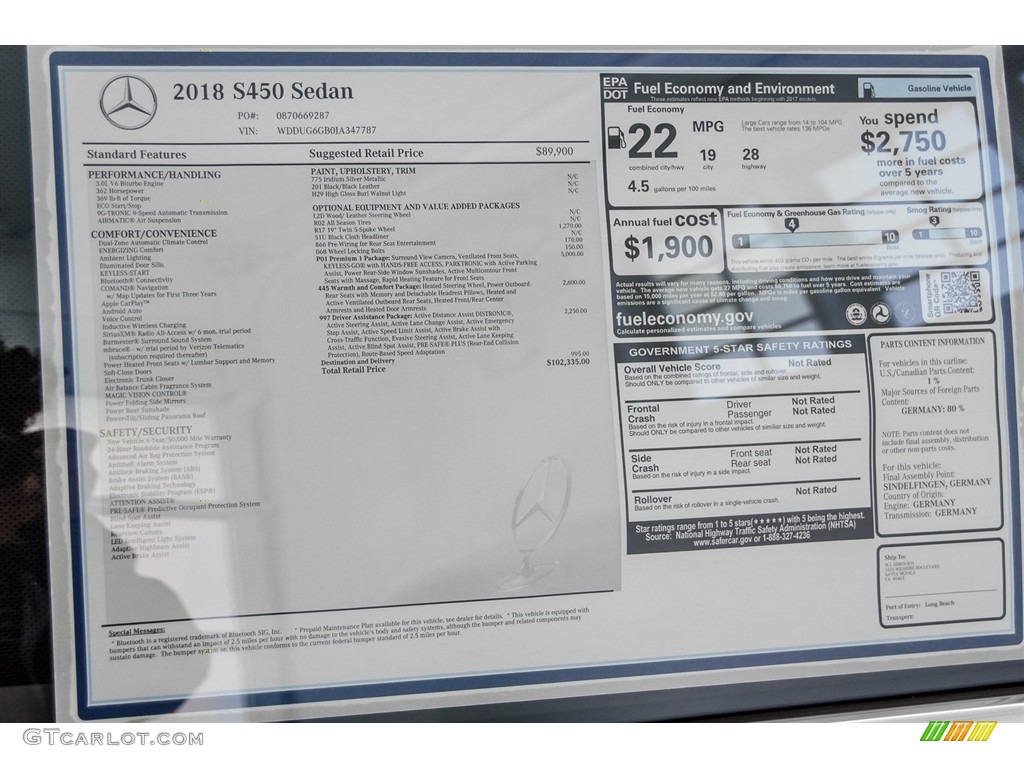2018 Mercedes-Benz S 450 Sedan Window Sticker Photo #123083023