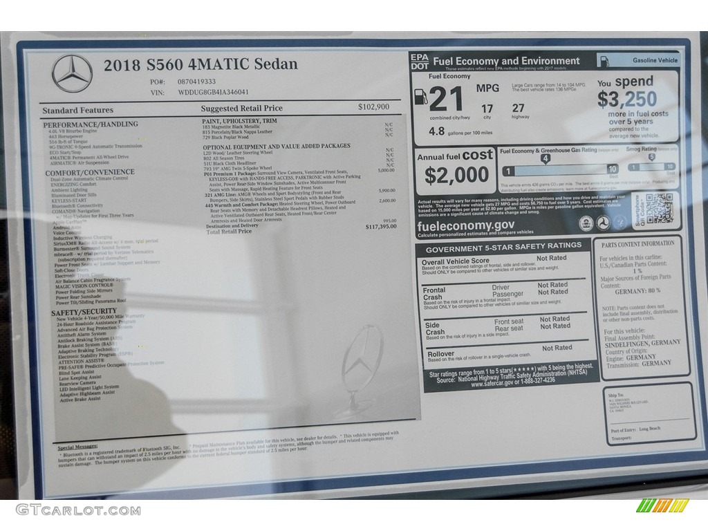 2018 Mercedes-Benz S 560 4Matic Sedan Window Sticker Photo #123135899