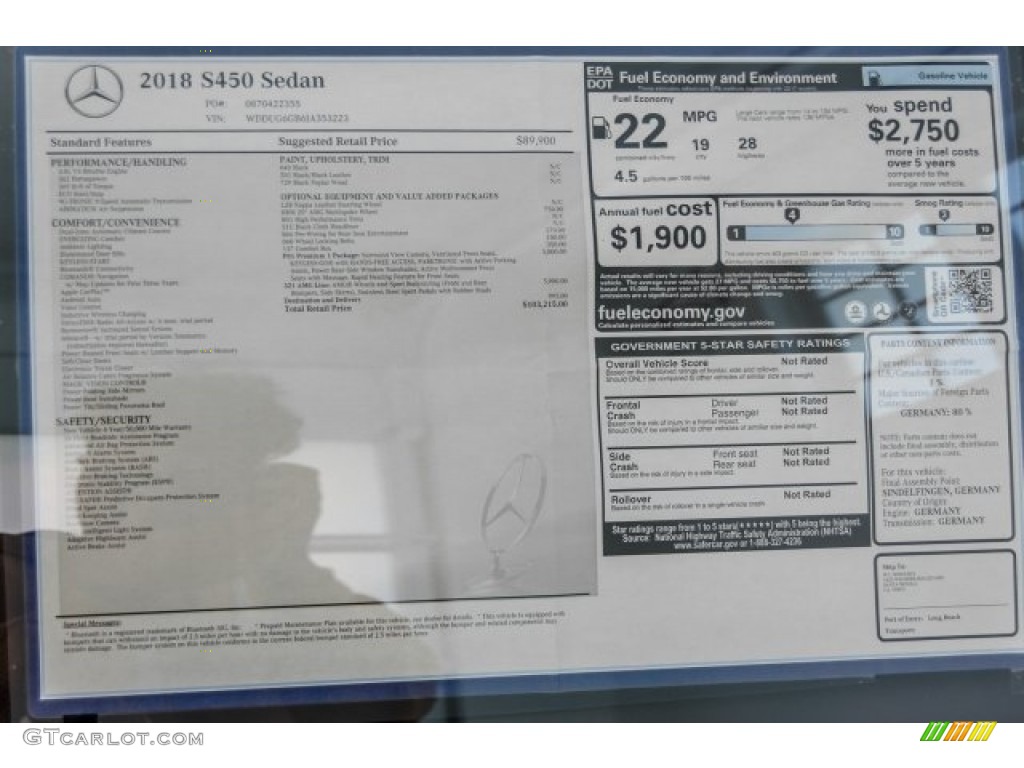 2018 Mercedes-Benz S 450 Sedan Window Sticker Photo #123177525