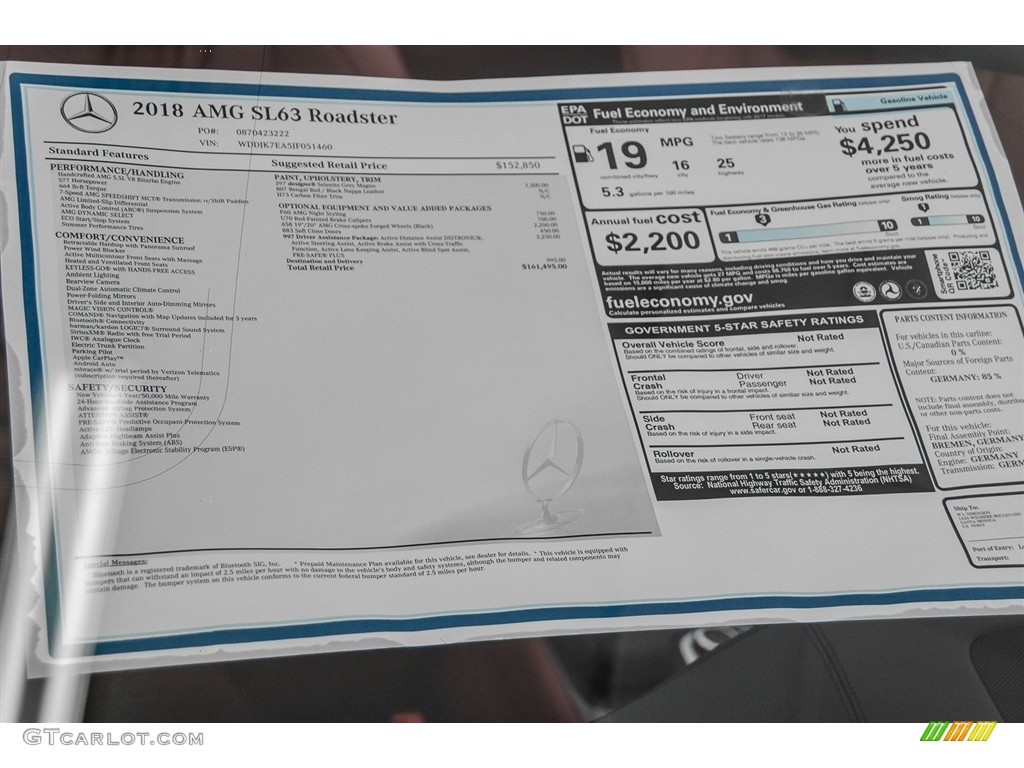 2018 Mercedes-Benz SL 63 AMG Roadster Window Sticker Photo #123192413