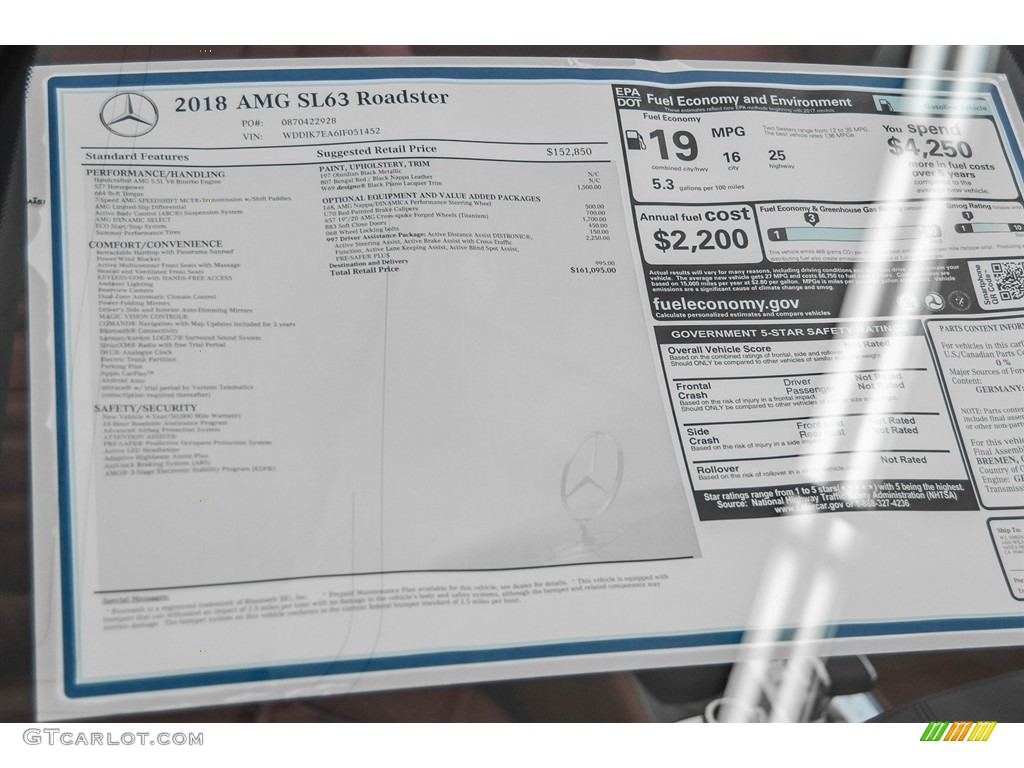 2018 Mercedes-Benz SL 63 AMG Roadster Window Sticker Photo #123192992