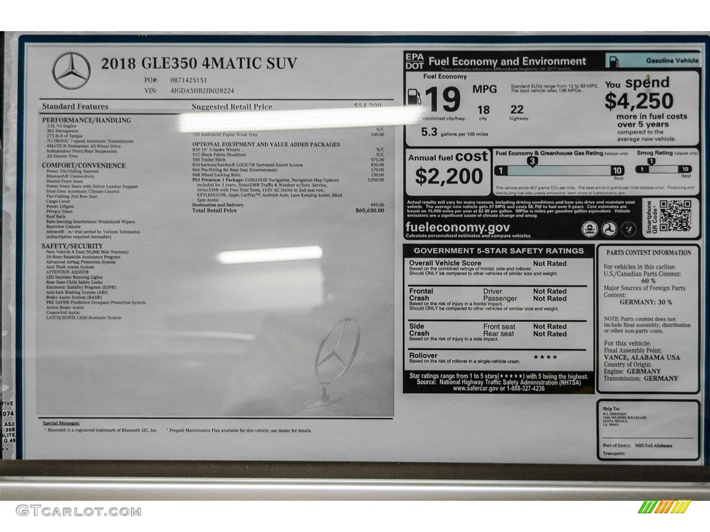 2018 Mercedes-Benz GLE 350 4Matic Window Sticker Photo #123193913