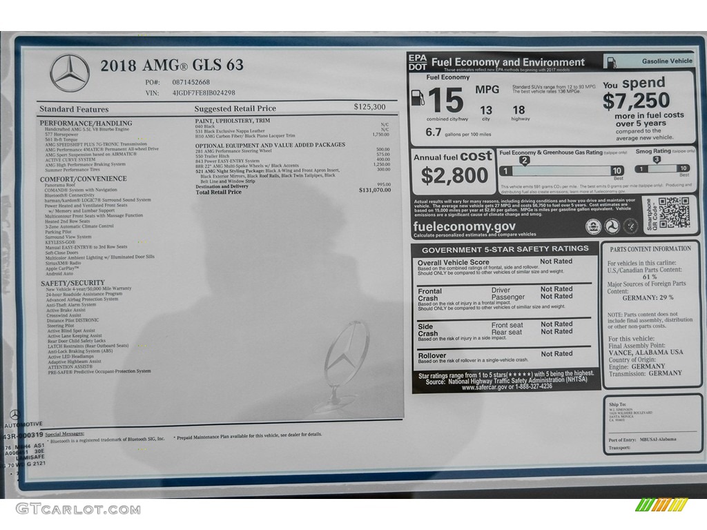 2018 Mercedes-Benz GLS 63 AMG 4Matic Window Sticker Photo #123195445