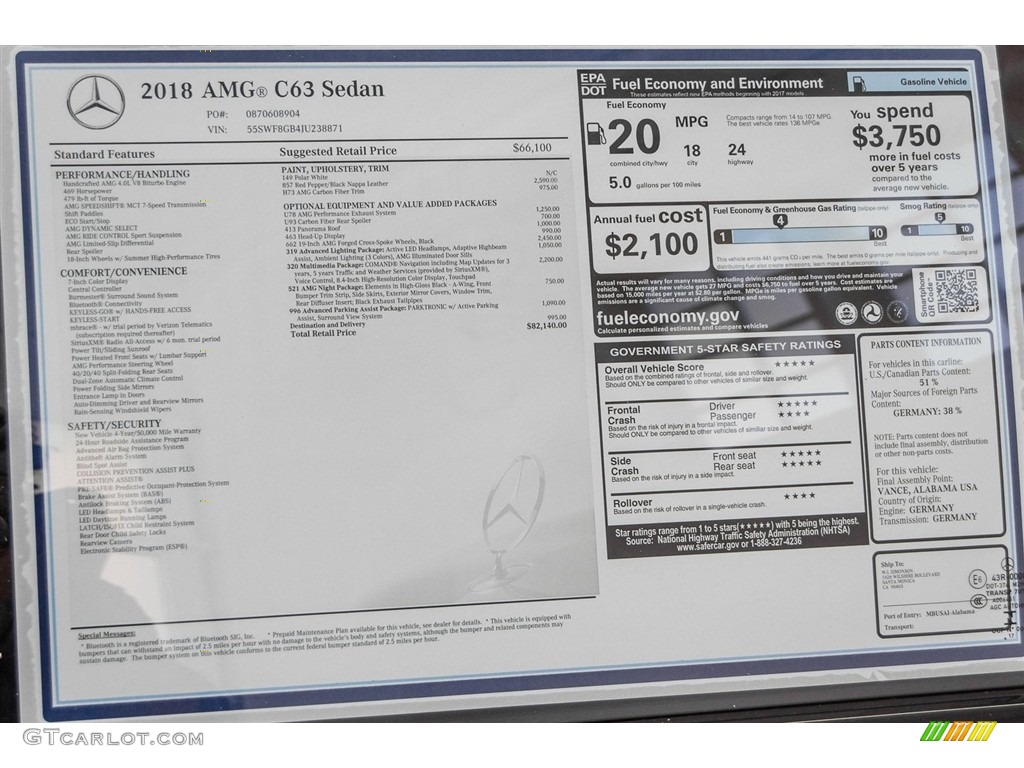 2018 Mercedes-Benz C 63 AMG Sedan Window Sticker Photo #123246145