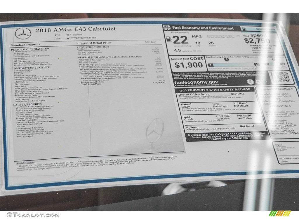 2018 Mercedes-Benz C 43 AMG 4Matic Cabriolet Window Sticker Photo #123246769