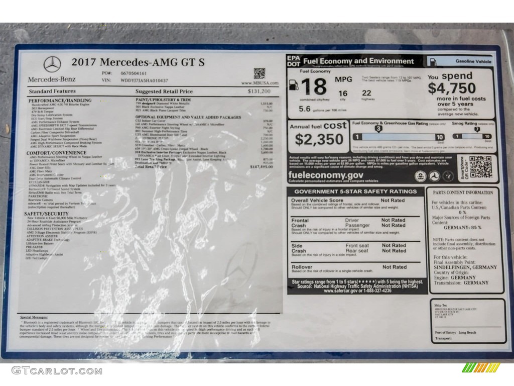 2017 Mercedes-Benz AMG GT S Coupe Window Sticker Photo #123272853