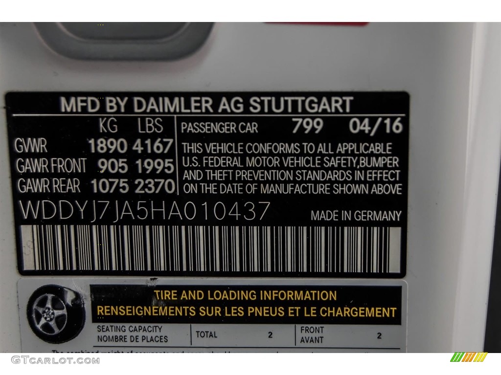 2017 AMG GT Color Code 799 for designo Diamond White Metallic Photo #123272898