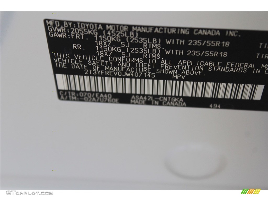 2018 RAV4 Color Code 070 for Blizzard White Pearl Photo #123273606